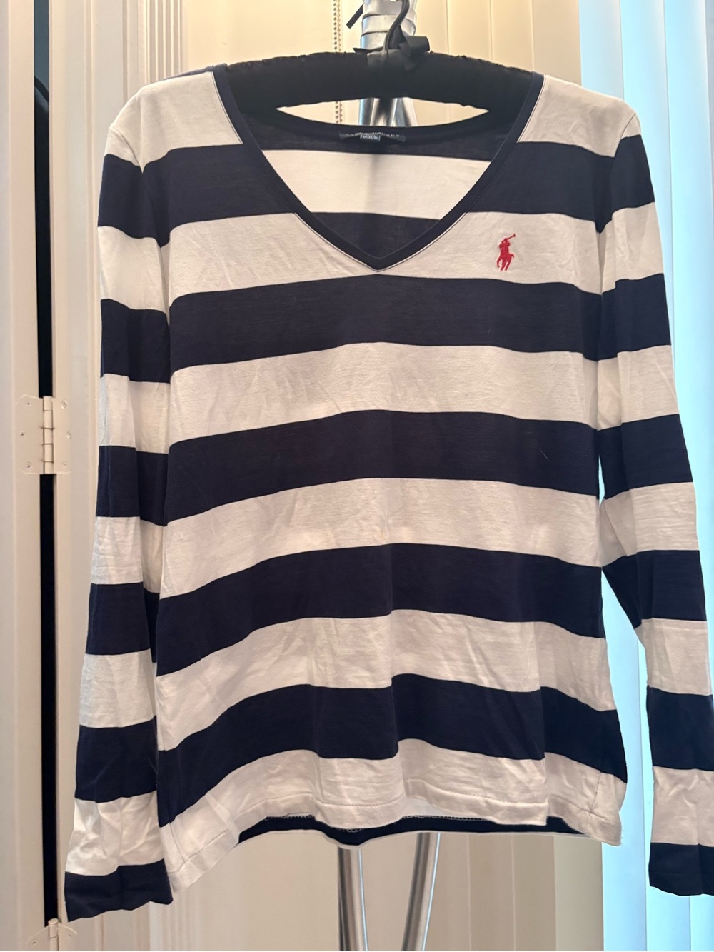 Ralph Lauren Navy & White Striped V-Neck Tee with Red Pony